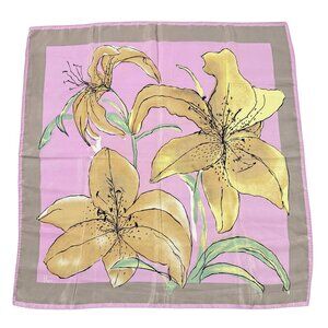Vera Neumann Silk Scarf Lily Print Vintage Square Pink Taupe Retro Lightweight